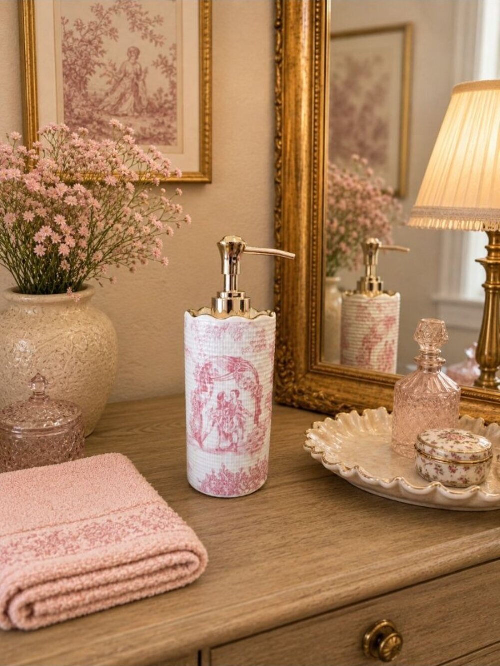 New Pink Toile French Country Soap Lotion Dispenser Pump Bathroom Vanity Decor